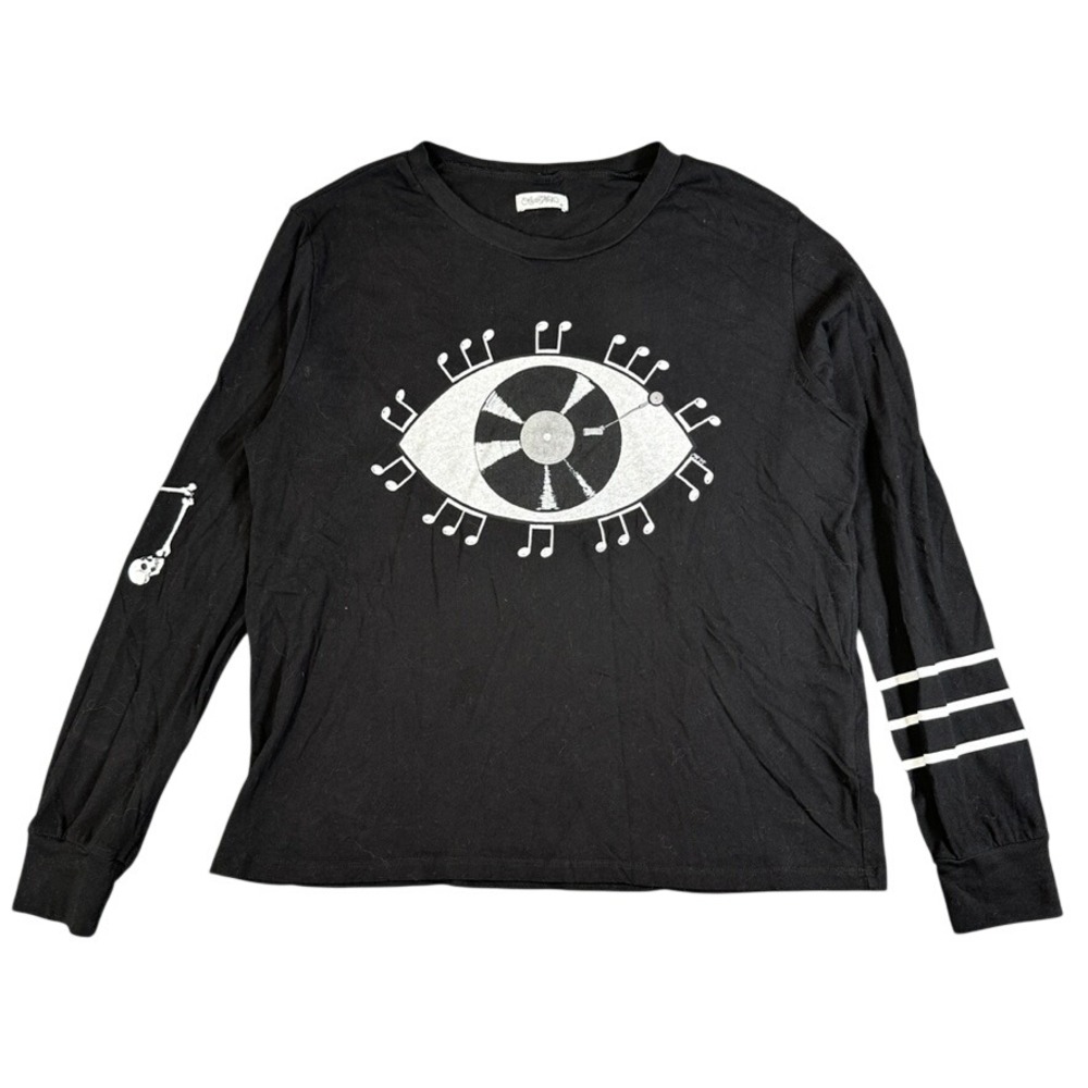 Lauren Moshi Black Eye Vinyl Music Note Skull Graphic Long Sleeve Tee Medium